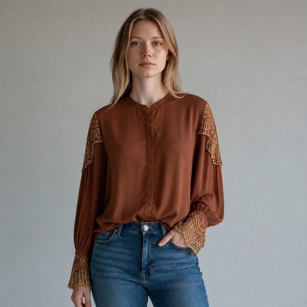 XCVI Women M Rust Rayon Embroidered Lace Brown Blouse Boho Lagenlook Bell Sleeve